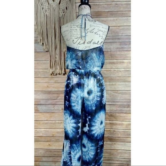 La Perla | Italian Blue Sheer Tie-Dye Halter Jumpsuit Swimsuit Cover Up Pants - Picture 5 of 8